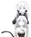  animal_ears blush cat_ears chair erica_hartmann highres looking_down looking_up monochrome multicolored_hair multiple_girls open_mouth sanya_v_litvyak short_hair sitting smile strike_witches tail tsuchii_(ramakifrau) two-tone_hair world_witches_series 