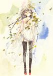  bad_id bad_pixiv_id black_hair black_legwear braid dress garter_straps leaf long_hair nayuko original solo standing thighhighs traditional_media veil watercolor_(medium) wind 