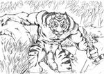  anthro balls biceps big_muscles big_penis black_and_white body_markings feline flaccid forest furryrevolution knife looking_at_viewer male mammal markings monochrome muscles penis solo tiger tree tribal uncut 