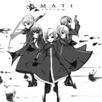  ahoge angelica_(gunslinger_girl) claes cloak dekochin_hammer dress full_body greyscale gunslinger_girl henrietta_(gunslinger_girl) highres long_sleeves monochrome multiple_girls rico_(gunslinger_girl) short_hair simple_background standing triela white_background 