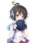  ahoge bangs brown_hair character_request copyright_request covering_mouth dj eyebrows_visible_through_hair headphones hood hood_down hoodie looking_at_viewer record short_hair simple_background sleeveless sleeveless_hoodie solo wristband yazawa_oke yellow_eyes 