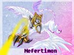  2010 armor cat claws digimon egyptian feline female gold mask meghan_hupp nefertimon solo sphinx tail white wings 