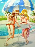  alternate_hairstyle anei ass barefoot beach_umbrella bikini blonde_hair blue_eyes breasts brown_hair cleavage earrings jewelry long_hair mario_(series) marker_(medium) medium_breasts multiple_girls palm_tree pink_sarong ponytail pool princess_daisy princess_peach sarong super_mario_bros. swimsuit traditional_media tree umbrella 