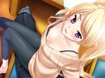  areolae artist_request barefoot blonde_hair blush bra downblouse game_cg komine_chika lingerie long_hair purple_eyes sitting sweater toppatsusei_milk_musume_chika twintails underwear 