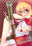  1girl apron blonde_hair bloomers blue_eyes bulleta capcom cape dress english engrish fang ghost-cure gun hood knife midriff navel open_mouth ranguage sitting smile solo underwear vampire_(game) weapon 