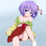  bare_shoulders blue_eyes blush breasts cleavage flower hair_flower hair_ornament hieda_no_akyuu japanese_clothes kimono oden_(th-inaba) off_shoulder panties pink_panties purple_hair short_hair sitting small_breasts smile solo touhou underwear 