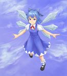  blue_dress blue_eyes blue_hair bow cirno dress flying full_body hair_bow ice ice_wings kata-kori looking_at_viewer mary_janes neck_ribbon ribbon shoes smile socks solo touhou wings 