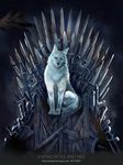  albino animal copyright_name feathers game_of_thrones ghost_(a_song_of_ice_and_fire) highres iron_throne no_humans realistic red_eyes sitting solo sword throne watermark weapon web_address weed_(astarone) wolf 