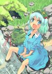  badge bag barefoot blue_eyes blue_hair breasts bush cleavage cucumber face grass hair_bobbles hair_ornament hat kawashiro_nitori net open_mouth pocket rock shirt short_hair sitting skirt skirt_set sleeves_pushed_up small_breasts smiley_face soaking_feet solo stick stream touhou two_side_up water wrench yuu_(kfc) 