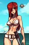  alex_ahad bikini breasts cleavage hair_over_one_eye james_bond lab_zero_games large_breasts legs long_hair navel ocean official_art open_mouth parasoul_(skullgirls) red_hair skullgirls solo swimsuit umbrella underboob wet yellow_eyes 