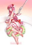  barefoot blue_eyes cake cannibalism dress feet food fork fruit hair_ornament kazeto long_hair lying megurine_luka minigirl objectification on_side pink_hair solo strawberry very_long_hair vocaloid vore what 