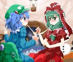  backpack bag basket blue_eyes blue_hair blurry bow chopsticks depth_of_field eating food frills front_ponytail fruit green_eyes green_hair hair_bobbles hair_bow hair_ornament hair_ribbon hat kagiyama_hina kawashiro_nitori key lantern mandarin_orange mochi multiple_girls quinzhee ribbon ruu_(tksymkw) snow_shelter touhou two_side_up wagashi 