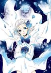  bad_id bad_pixiv_id blue blue_eyes bob_cut cape dress flower hair_flower hair_ornament holding kotokoto_(vibgyor) looking_at_viewer open_mouth original petals ribbon short_hair solo surprised tears white_dress white_hair wind 