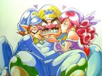  2boys anei bandana blush brothers captain_syrup cheek_kiss double_cheek_kiss earrings eyeliner facial_hair hat jewelry kiss long_hair long_nose makeup mario_(series) marker_(medium) multiple_boys mustache overalls red_hair sandwiched sash siblings super_mario_bros. traditional_media waluigi wario wario_land 