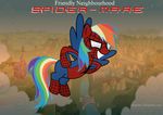  aerial_view bush clouds crossover diegotan dt equine female friendly_neighbourhood_spiderman friendship_is_magic horse mane multi-colored_hair my_little_pony pegasus ponyville rainbow_dash_(mlp) rainbow_hair sky spider-man spider-mare tail wings 