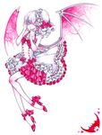  alternate_costume bare_shoulders bat bat_wings colored_eyelashes dress frills hands_on_own_face hat high_heels miri_(tobira_no_mukou) no_nose petticoat remilia_scarlet shoes short_hair skinny solo touhou traditional_media watercolor_(medium) wings 