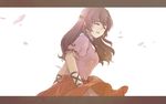  ^_^ brown_hair closed_eyes dress earrings fate/zero fate_(series) grainne hair_ornament jewelry letterboxed long_hair looking_back pink_dress semillon smile solo 