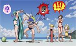  +_+ 2boys 3girls ? accident beach bikini blue_scarf clenched_teeth food front-tie_top fruit haepon hatsune_miku highres jaw_drop kagamine_len kagamine_rin kaito long_hair male_swimwear meiko multiple_boys multiple_girls one-piece_swimsuit scarf short_hair side-tie_bikini suikawari swim_briefs swimsuit swimwear tears teeth tongue very_long_hair vocaloid watermelon 