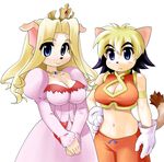  2girls alicia_priss animal_ears artist_request blush breasts character_request cleavage crown cyber_connect_2 dress furry multiple_girls navel princess_terria simple_background solatorobo tail tail_concerto 