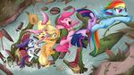  apple applejack balloon barrel blonde_hair blue_eyes blurry cloud commentary cowboy_hat crocodilian cutie_mark depth_of_field diamond_(shape) fluttershy food fruit green_eyes hat horse jin_(lili_to_marigold) long_hair low-tied_long_hair map multicolored multicolored_hair multicolored_tail my_little_pony my_little_pony_friendship_is_magic no_humans pegasus pink_hair pinkie_pie plant purple_hair rainbow rainbow_dash rarity tail tears twilight_sparkle unicorn vines water 