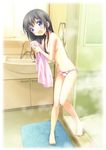  angry barefoot bathroom black_hair blue_eyes blush border bow bow_panties breasts fading_border fang feet frown hands highres long_hair looking_at_viewer original panties pink_panties showering sink skinny small_breasts solo steam topless towel underwear underwear_only usashiro_mani wet 