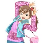  :d bag brown_eyes brown_hair futami_mami hair_ornament handbag idolmaster idolmaster_(classic) issei open_mouth side_ponytail smile solo vest 