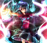  beret blue_eyes blue_hair burning_hand fire flame hat highres jiangshi miyako_yoshika ofuda outstretched_arms sakura_ani shirt short_hair skirt solo touhou 