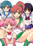  4girls :o bishoujo_senshi_sailor_moon black_hair blue_choker blue_eyes blue_hair blue_sailor_collar blush boots bow breasts brown_hair chibi_usa choker circlet cleavage cover cover_page covered_navel covered_nipples doujin_cover earrings elbow_gloves gloves green_choker green_eyes green_footwear green_sailor_collar green_skirt hair_bobbles hair_ornament jewelry kino_makoto knee_boots kneeling laces large_breasts legs long_hair looking_at_viewer mizuno_ami multiple_girls navel off_shoulder open_mouth panties pantyshot pantyshot_(sitting) pink_bow pink_choker pink_eyes pink_footwear pink_hair pink_sailor_collar pleated_skirt ponytail purple_eyes purple_hair purple_sailor_collar purple_skirt red_eyes sailor_chibi_moon sailor_collar sailor_jupiter sailor_mercury sailor_saturn sailor_senshi sailor_senshi_uniform shiny shiny_skin short_hair short_twintails sitting skirt spread_legs sweat take_your_pick tenpou_gensui thighs tomoe_hotaru twintails underwear v-shaped_eyebrows white_background 
