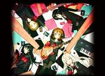  akiyama_mio album_cover altema_records asgr bass_guitar beats_by_dr._dre blonde_hair brown_hair cover electric_guitar guitar hairband headphones highres hirasawa_yui instrument k-on! keyboard_(instrument) kotobuki_tsumugi multiple_girls nakano_azusa polka_dot red_eyes school_girl_akathisia skirt tainaka_ritsu twintails 