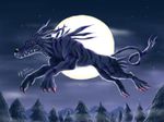  blue blue_theme canine claws digimon eva_(artist) floating full_moon fur garurumon male mammal moon orange_eyes solo tail teeth white white_fur wolf 