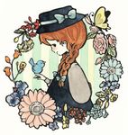  anne_of_green_gables anne_shirley bird bow braid brown_hair bug butterfly flower hasiko_moomin hat hat_bow hat_ribbon insect profile ribbon striped striped_background traditional_media twin_braids watercolor_(medium) 