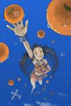  aircraft airplane arancia black_hair bracelet bubble cloud food fruit jewelry long_hair midriff miniskirt orange orange_eyes orange_skirt original skirt sky solo tko_(kkk66) twintails 