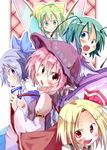  animal_ears antennae blonde_hair bow cirno daiyousei green_hair hair_bow hat kuroneko_no_toorimichi multiple_girls mystia_lorelei pink_hair red_eyes rumia short_hair team_9 touhou wings wriggle_nightbug zodiac 