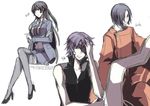  2boys black_hair blue_hair crossed_arms crossed_legs eyepatch genderswap hair_over_one_eye hand_on_head high_heels hobak japanese_clothes kasugano_tsubaki kurusu_keigo long_hair mirai_nikki multiple_boys necktie police police_uniform policewoman purple_eyes purple_hair scroll serious shoes short_hair simple_background sitting sketch skirt smile thighhighs uniform uryuu_minene watermark web_address yellow_eyes 