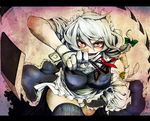  bad_id bad_tumblr_id bow braid breasts cleavage colorized crazy_eyes frills gloves izayoi_sakuya knife large_breasts maid maid_headdress nekomizu panties pantyshot pocket_watch red_eyes ribbon short_hair silver_hair skirt solo thighhighs touhou underwear uousa-ou watch wrist_cuffs 