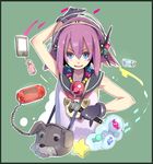  arm_up bad_id bad_pixiv_id black_gloves blue_eyes border bottle cat dog gloves hair_ornament hairclip handheld_game_console headphones jewelry microphone necklace open_mouth original playstation_portable purple_hair shindou_kamichi shirt short_hair sleeveless sleeveless_shirt solo star 
