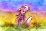  ambiguous_gender animal_ears back_view colorful digimon digital_painting_(art) dorumon grass horn margergona painting purple purple_body solo sunset tail watercolour wings young 