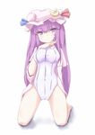  barefoot blush breasts coo covered_nipples crescent hand_in_hair hat head_tilt highres kneeling large_breasts leotard long_hair open_clothes open_shirt patchouli_knowledge purple_eyes purple_hair shirt smirk solo touhou 