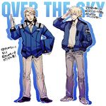  bad_id bad_pixiv_id blonde_hair blue_eyes blue_jacket bomber_jacket cosplay costume_switch crossover denim graham_aker graham_aker_(cosplay) green_eyes gundam gundam_00 hat jacket jeans keith_goodman keith_goodman_(cosplay) male_focus multiple_boys pants salute sato_(vintage) scar shoes sneakers tiger_&amp;_bunny 