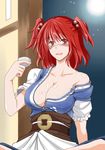  bad_id bad_pixiv_id blush breasts choko_(cup) cleavage cup dress hair_bobbles hair_ornament large_breasts maki_ikazuya moon off_shoulder onozuka_komachi open_mouth red_eyes red_hair short_hair solo sweat touhou two_side_up 