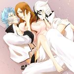  2boys arrancar barefoot black_hair bleach blue_eyes blue_hair dress eri female grimmjow_jaegerjaquez inoue_orihime long_hair male multiple_boys open_clothes open_shirt orange_hair orihime_inoue shirt sitting spread_legs ulquiorra_cifer ulquiorra_schiffer white_dress white_pants 