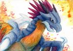  bipedal blue_eyes blue_scales diatrymon digimon dinosaur feral grey half-length_portrait male night_owl orange_sclera painting scalie side_view solo traditional_media watercolor_(art) watercolour wings yellow yellow_sclera 