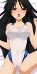  akiyama_mio bed black_hair blush breasts cameltoe character_request cleavage erect_nipples highres k-on! long_hair lying open_mouth pussy_juice saliva solo sugimura_tomokazu swimsuit 