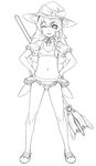  adapted_costume bikini braid broom choker crocs detached_sleeves frilled_bikini frills greyscale hands_on_hips hat kirisame_marisa kuontendou lineart long_hair monochrome navel one_eye_closed solo swimsuit touhou 