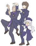  2boys brown_hair caren_hortensia child closed_eyes cross fate/zero fate_(series) father_and_daughter father_and_son grandfather_and_granddaughter hat highres kairakuen_umenoka kotomine_kirei kotomine_risei long_hair multiple_boys old_man pantyhose parody priest short_hair silver_hair yellow_eyes yotsubato! yotsubato!_pose younger 