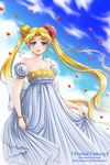  back_bow bad_id bad_pixiv_id bare_shoulders bead_bracelet beads bishoujo_senshi_sailor_moon blonde_hair blue_eyes bow bracelet crescent_moon double_bun dress facial_mark flower forehead_mark gown hair_flower hair_ornament jewelry long_hair moon princess princess_serenity red_flower red_rose rose shainea solo strapless strapless_dress tsukino_usagi twintails watermark web_address 
