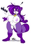  areola big_breasts breasts chibi chubby collar daigo female fur hair huge_breasts mammal necklace nipples nude plain_background puffy_areola purple purple_eyes purple_fur purple_hair raccoon shina_(daigo) solo surprise surprised white_background 