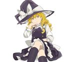  blonde_hair bow braid crossed_legs hair_bow hand_on_own_face hat kirisame_marisa looking_at_viewer natsume_(menthol) simple_background sitting solo touhou witch_hat yellow_eyes 