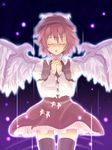  animal_ears black_legwear closed_eyes dress hands_clasped hat mumyuu mystia_lorelei open_mouth own_hands_together pink_hair short_hair solo thighhighs touhou wings 
