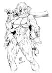  abs animal_ears bikini breasts cleavage copyright_request eyepatch greyscale highres large_breasts micro_bikini monochrome muscle muscular_female po-ju scarf short_hair sketch solo swimsuit sword weapon 